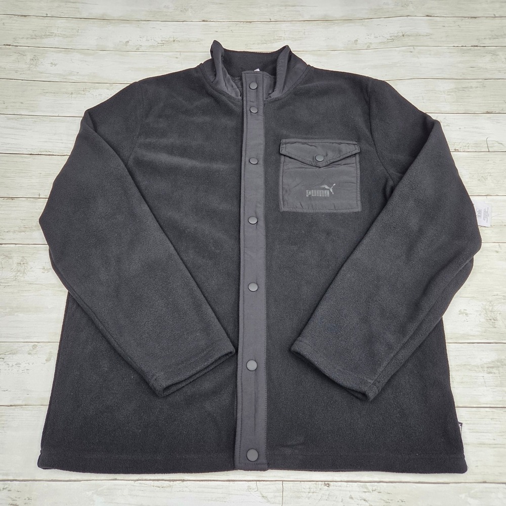 Sz Med Men Puma Polar Fleece Snap Button Jacket Black - New
